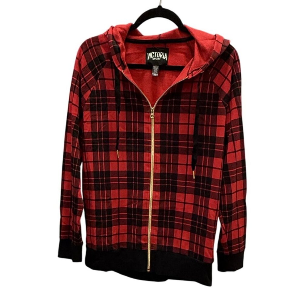 Victoria Sport Red Black Plaid Zip Hoodie Jacket XS  Womens Lightweight Layering